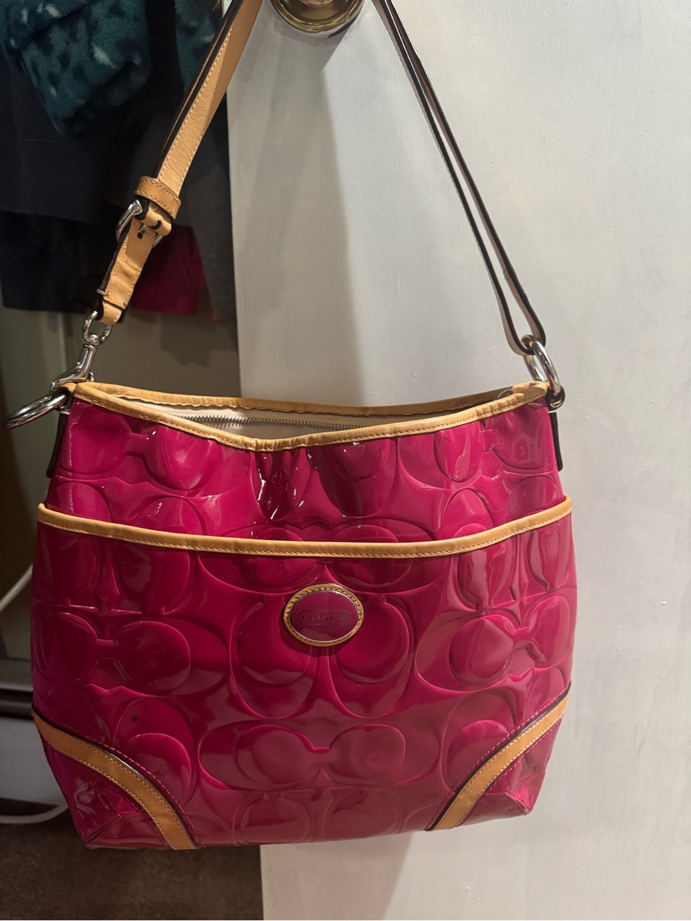Coach Pink Patent Shoulder Bag with Tan Trim